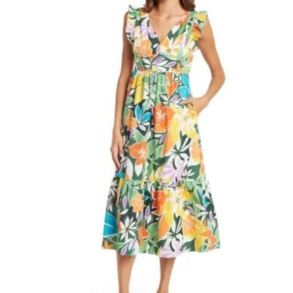 Maggy London Floral Midi Dress Ruffle Sleeve V-Neck Multicolor Empire Waist, 2 - Picture 1 of 14
